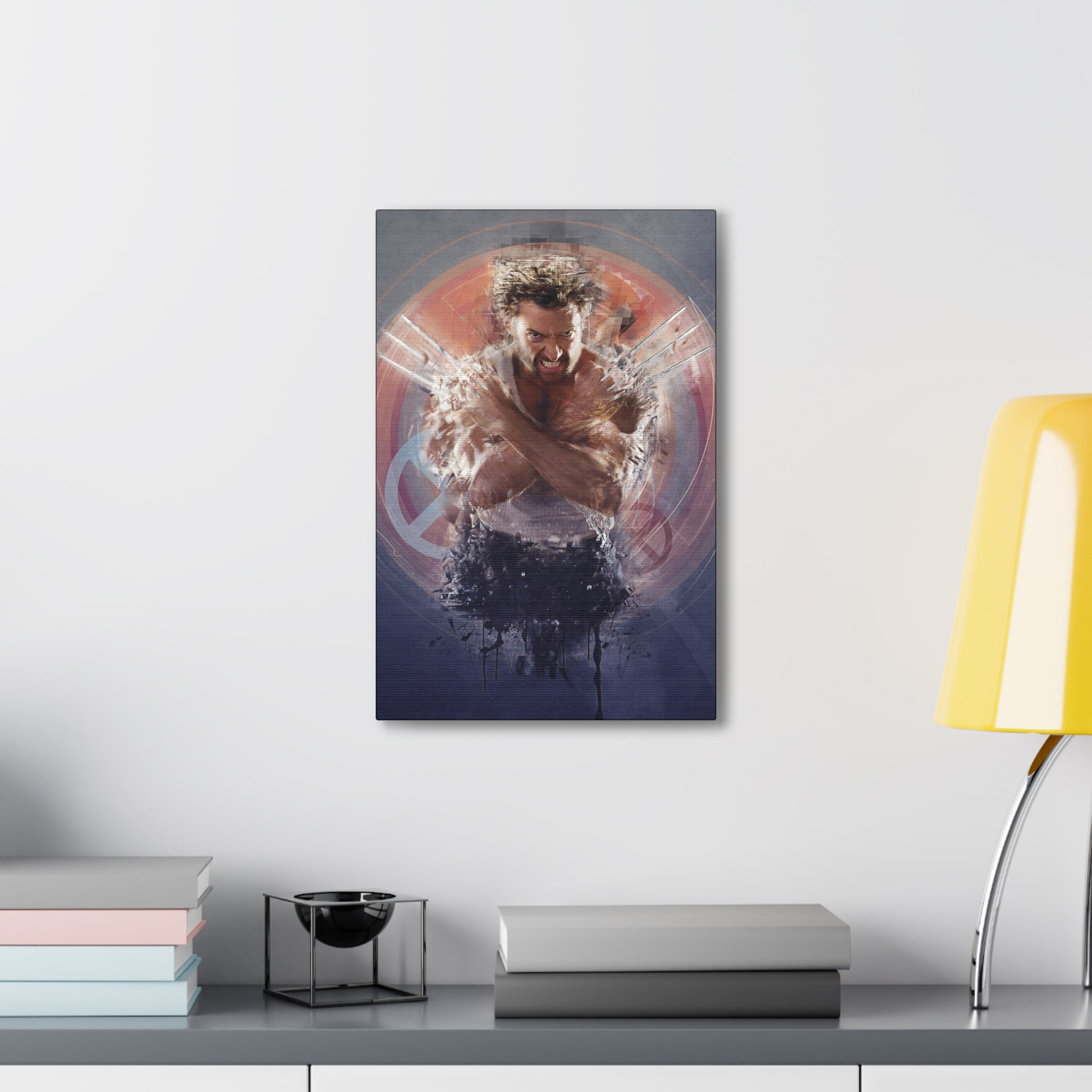 "Berserker Leap – Wolverine Iconic Jump Charge Wall Art on canvas, acrylic, and metal – front view featuring Wolverine mid-air with claws extended."
