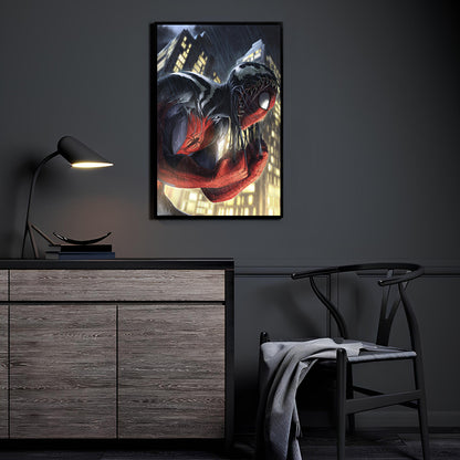 Symbiote-covered Spider-Man crouched in the rain against a city backdrop, 16x24 canvas wall art