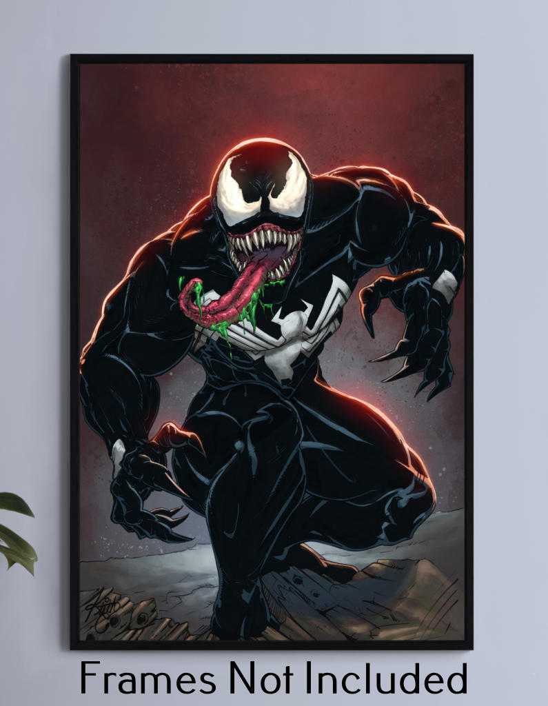 "Lethal Legacy – Venom Wall Art on canvas, acrylic, and metal – Venom in McFarlane-inspired style with tendrils, sharp teeth, and wild tongue."

