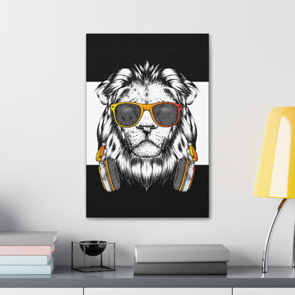 "Cool Lion with Headphones & Shades Wall Art on canvas, acrylic, and metal – front view of urban music-inspired design"
