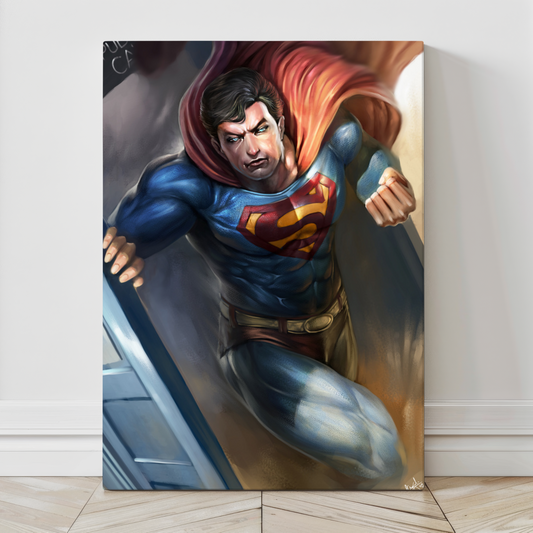 Superman emerging from phone booth on 12x18 canvas with Doctor Who crossover energy.