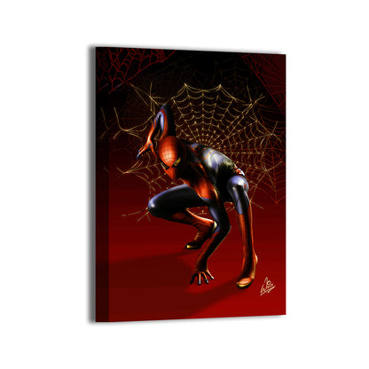 "Web of Tomorrow – Tom Holland Spider-Man Wall Art on canvas, acrylic, and metal – Spider-Man in red and black MCU suit, mid-swing pose."

