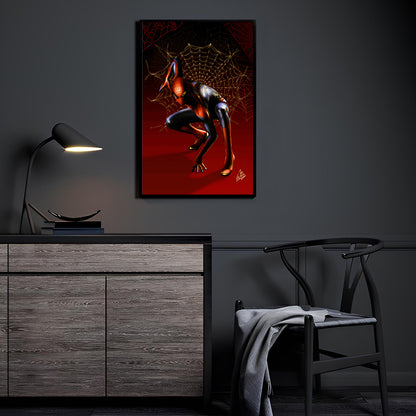"Web of Tomorrow – Tom Holland Spider-Man Wall Art on canvas, acrylic, and metal – Spider-Man in red and black MCU suit, mid-swing pose."

