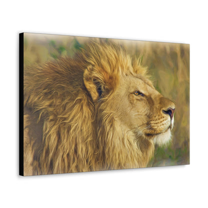 "King of the Plains – Lion in the Savanna Wall Art on canvas, acrylic, and metal – front view featuring a majestic lion surveying the grasslands."
