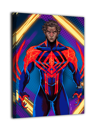 Beneath the Mask of 2099 wall art featuring Miguel O'Hara unmasked in the Spider-Man 2099 suit — alternate artwork view