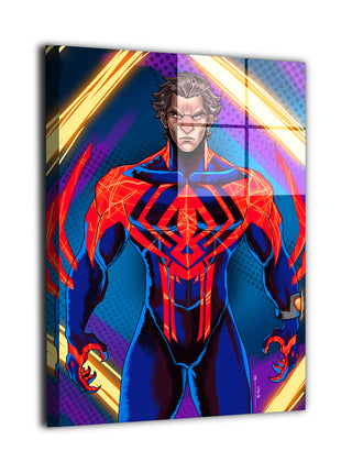 Beneath the Mask of 2099 wall art featuring Miguel O'Hara unmasked in the Spider-Man 2099 suit — artwork view