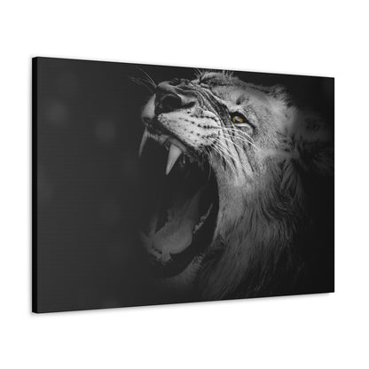 Roaring Legacy – Black and White Lion Wall Art on canvas, acrylic, and metal – front view featuring a fierce lion mid-roar in dramatic monochrome contrast.