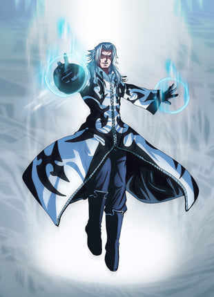 Xemnas Kingdom Hearts wall art by Ray Dash with blue energy rings surrounding his hands.