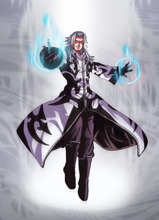 Xemnas Kingdom Hearts wall art by Ray Dash surrounded by pale blue energy and glowing rings.