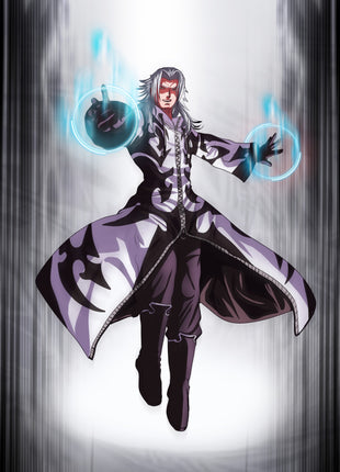 Xemnas Kingdom Hearts wall art by Ray Dash framed by dark vertical energy and glowing blue rings.