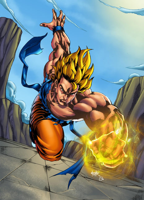 Super Saiyan Goku Dragon Ball wall art by Chucky Omi charging forward with a glowing energy attack.