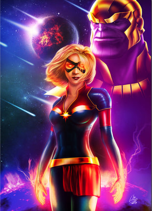 Captain Marvel wall art by Richard Williams featuring Carol Danvers standing before Thanos in a cosmic battlefield.