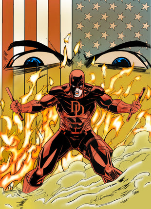 Daredevil wall art by Ernest featuring Matt Murdock fighting Nuke amid fire and smoke beneath an American flag.