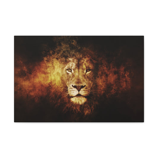 "Inferno King – Fiery Lion Head Illusion Wall Art on canvas, acrylic, and metal – front view featuring a roaring lion’s head emerging from flames."