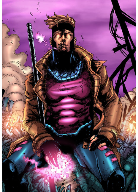 Gambit X-Men wall art by Von Randal featuring Remy LeBeau seated with glowing kinetic energy in his hands.