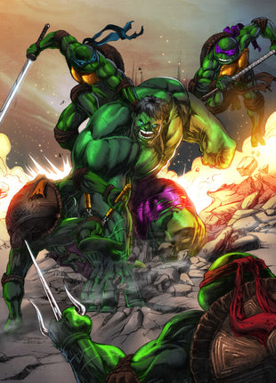 Hulk versus Teenage Mutant Ninja Turtles wall art by Emil Cabaltierra with colors by Bryan Arfel Magnaye.
