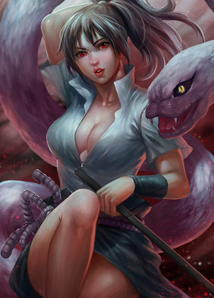 Gender-swapped Sasuke Uchiha Naruto wall art by Nopeys featuring a female shinobi surrounded by a large serpent.