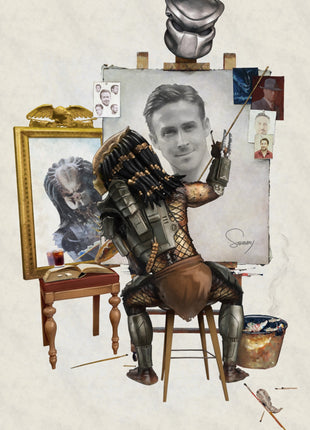 Predator parody wall art showing the alien hunter painting a portrait in a Norman Rockwell-style studio scene.