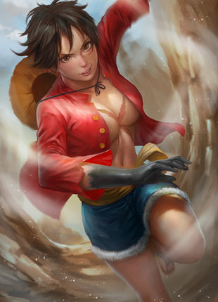 Gender-swapped Monkey D. Luffy One Piece wall art by Nopeys featuring a female pirate charging forward in a red jacket and straw hat.