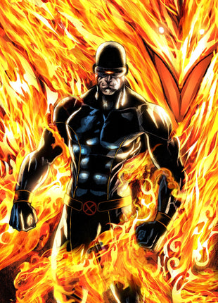 Phoenix Force Cyclops X-Men wall art by Jey Soliva with colors by Bryan Arfel Magnaye, surrounded by rising flames.