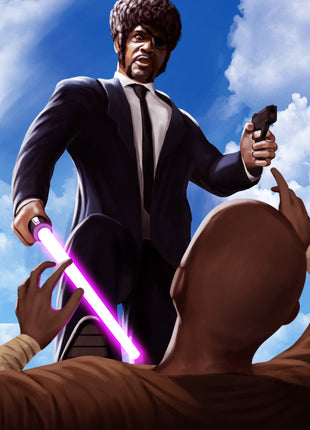 Pulp Fiction and Star Wars crossover wall art by Asher featuring Mace Windu holding a purple lightsaber and a handgun.