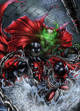 Spawn versus Violator wall art by Emil Cabaltierra featuring chains, torn cape, and a sewer battle.