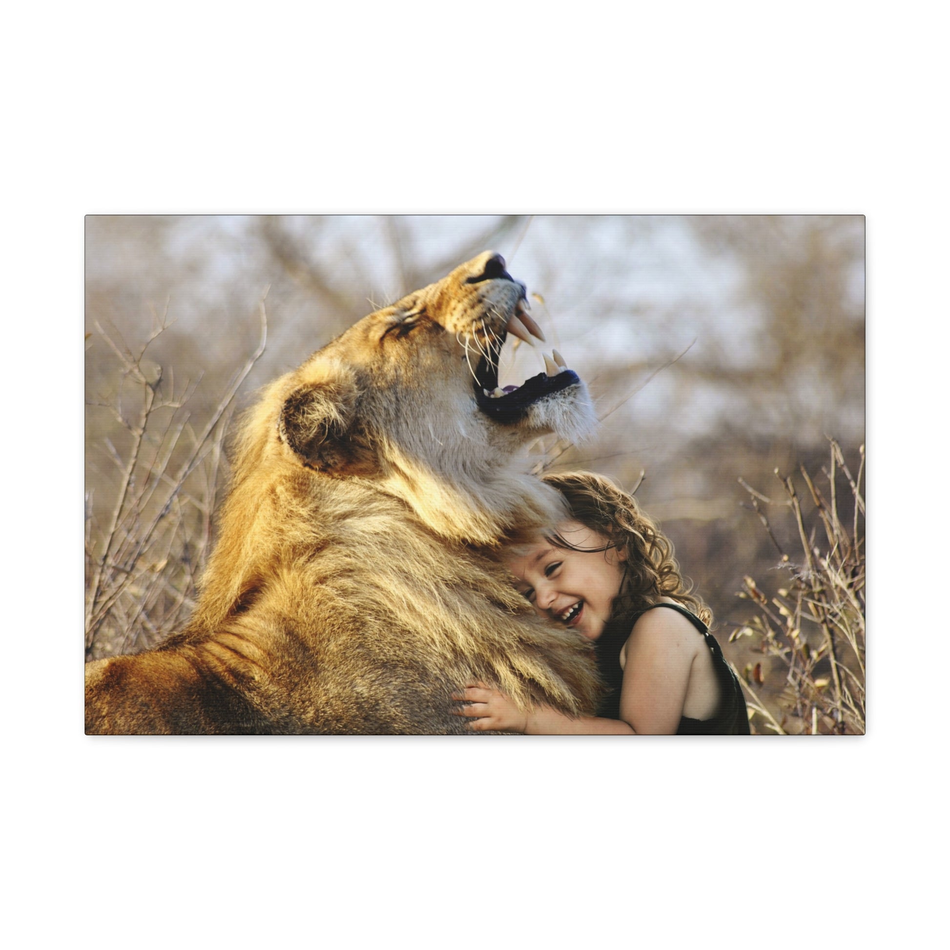 "Guardian’s Embrace – Lion and Little Girl Wall Art on canvas, acrylic, and metal – front view featuring a heartwarming embrace between a lion and child."
