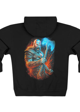 Kratos Axe and Flame Graphic Zip-Up Hoodie