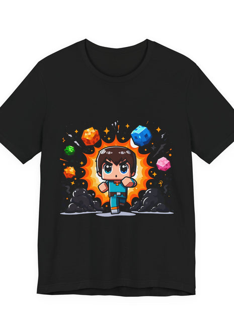 Front of a black graphic T-shirt showing a Minecraft-style chibi adventurer in teal with floating colorful cubes and an orange burst.