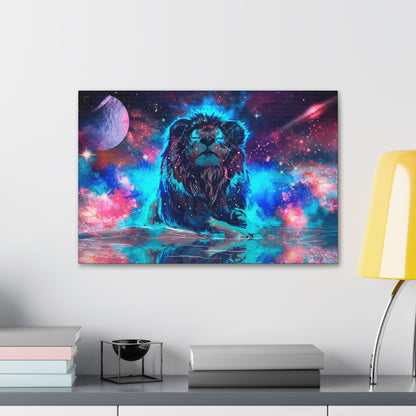 "Cosmic King – Multicolor Lion Over Galaxy Wall Art on canvas, acrylic, and metal – front view featuring a vibrant lion portrait against a deep-space galaxy."
