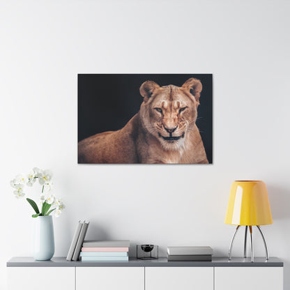 "Queen of the Wild – Female Lion Wall Art on canvas, acrylic, and metal – front view featuring a strong and majestic lioness."
