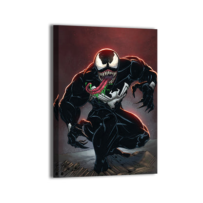 "Lethal Legacy – Venom Wall Art on canvas, acrylic, and metal – Venom in McFarlane-inspired style with tendrils, sharp teeth, and wild tongue."

