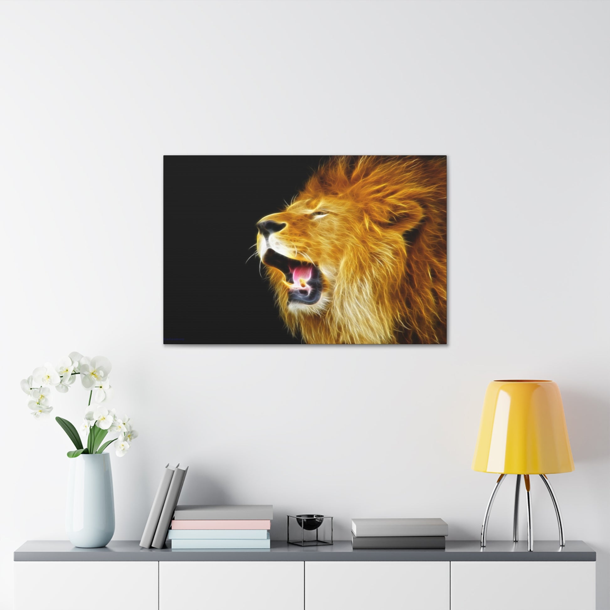 "Call of the King – Roaring Lion Wall Art on canvas, acrylic, and metal – front view featuring a powerful lion mid-roar."
