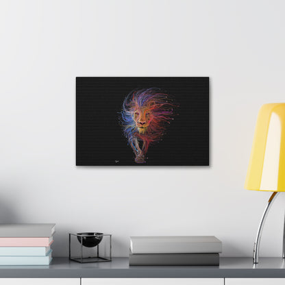 "Spectrum King – Vibrant Line Art Lion Wall Print on canvas, acrylic, and metal – front view featuring a colorful abstract lion shape."
