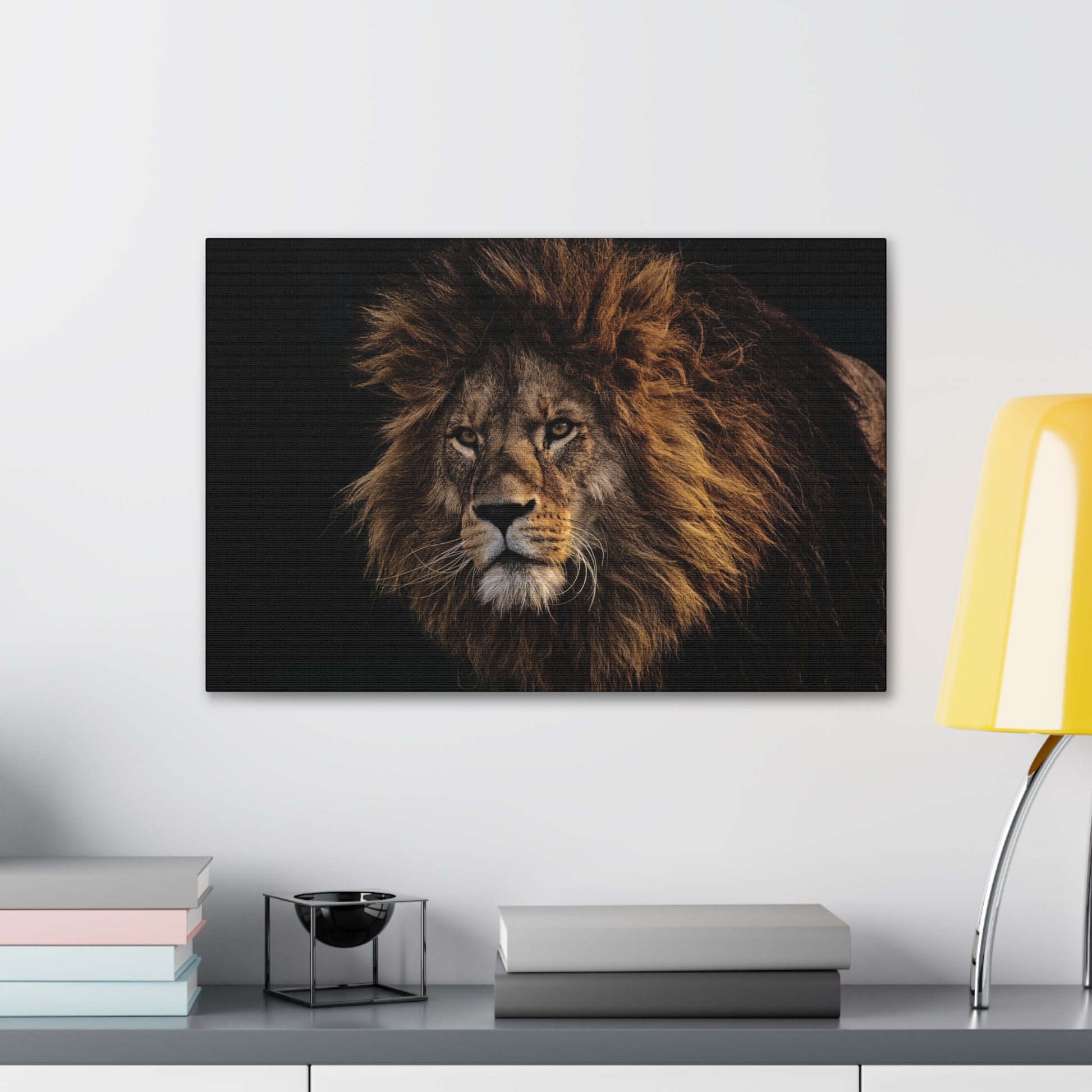 "Majestic King – Big Lion Wall Art on canvas, acrylic, and metal – front view featuring a powerful and detailed lion portrait."
