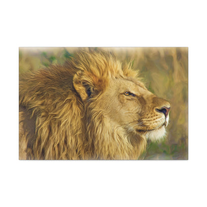 "King of the Plains – Lion in the Savanna Wall Art on canvas, acrylic, and metal – front view featuring a majestic lion surveying the grasslands."
