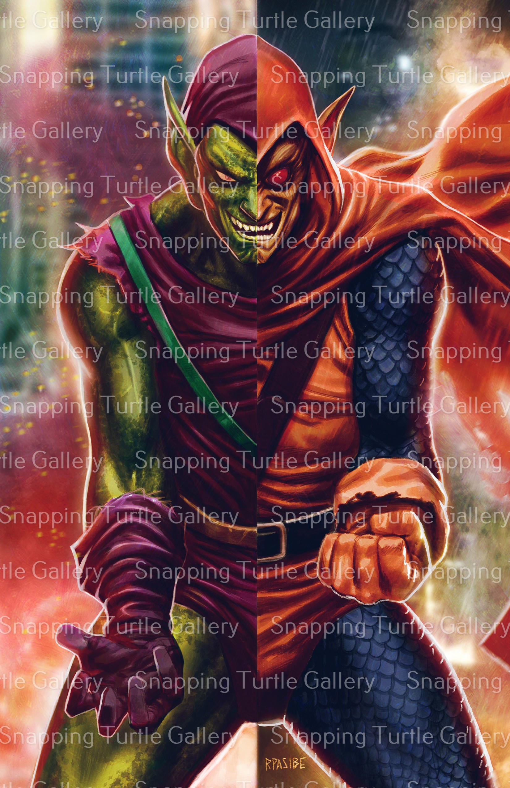 "Duality of Chaos – Green Goblin & Hobgoblin Split Face Wall Art on canvas, acrylic, and metal – front view featuring a split design of Spider-Man’s iconic foes."
