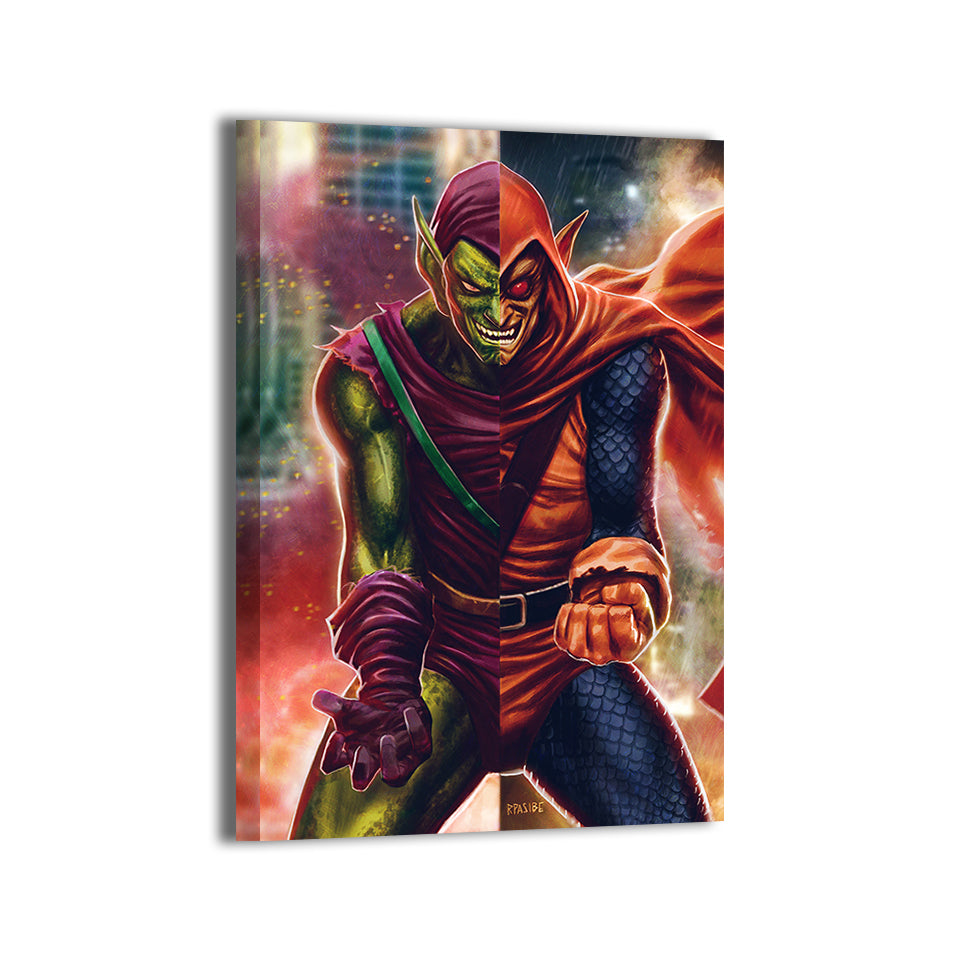 "Duality of Chaos – Green Goblin & Hobgoblin Split Face Wall Art on canvas, acrylic, and metal – front view featuring a split design of Spider-Man’s iconic foes."
