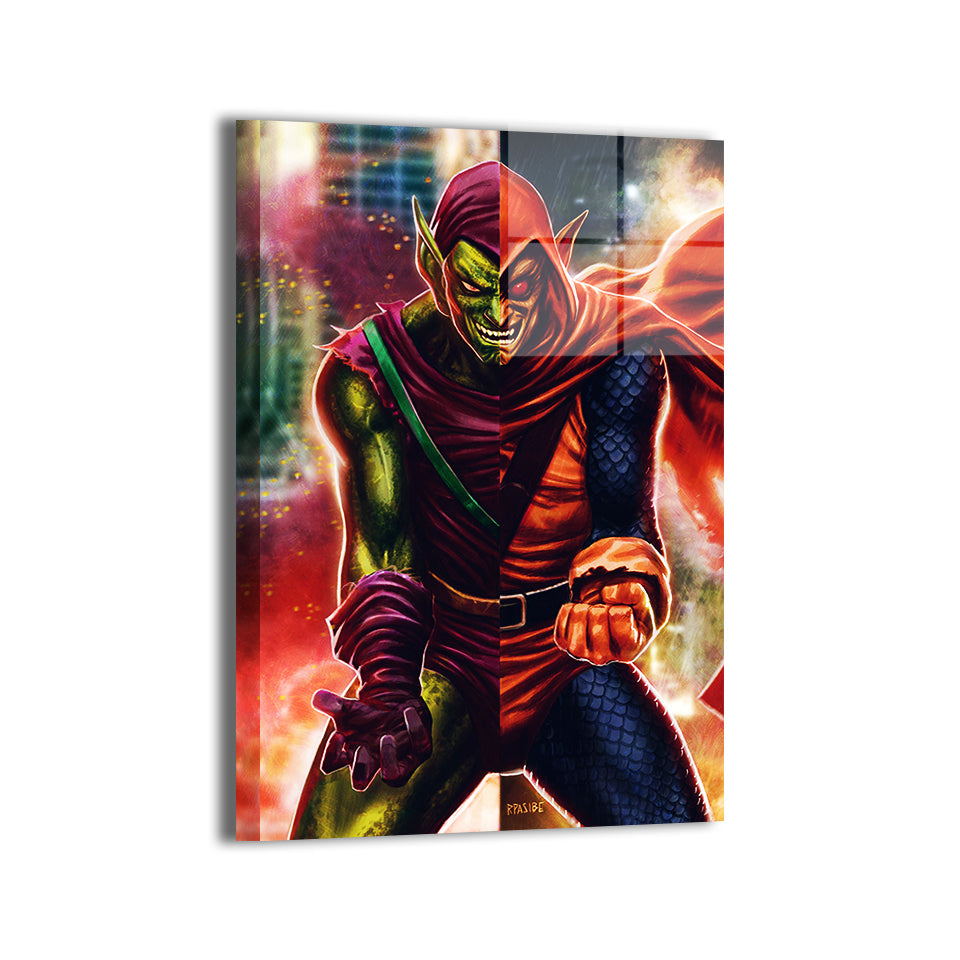 "Duality of Chaos – Green Goblin & Hobgoblin Split Face Wall Art on canvas, acrylic, and metal – front view featuring a split design of Spider-Man’s iconic foes."

