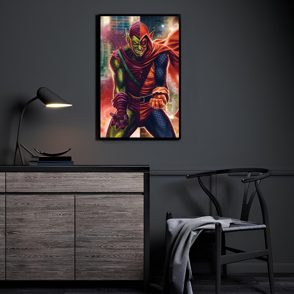 "Duality of Chaos – Green Goblin & Hobgoblin Split Face Wall Art on canvas, acrylic, and metal – front view featuring a split design of Spider-Man’s iconic foes."
