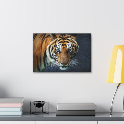 "Fierce Focus – Majestic Tiger Headshot Wall Art on canvas, acrylic, and metal – front view featuring an intense close-up of a tiger’s face."
