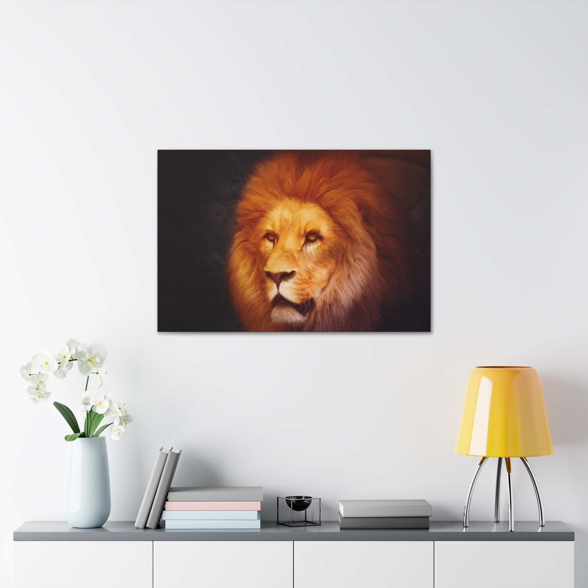 "Eternal King – Majestic Lion Wall Art on canvas, acrylic, and metal – front view featuring a powerful lion with a regal mane."
