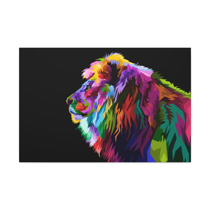 "Prismatic King – Multicolored Lion Wall Art on canvas, acrylic, and metal – front view featuring a vibrant and abstract lion portrait."
