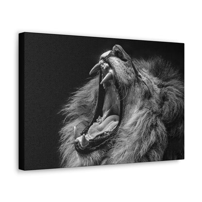 "Monochrome Roar – Black & White Lion Wall Art on canvas, acrylic, and metal – front view featuring a roaring lion."
