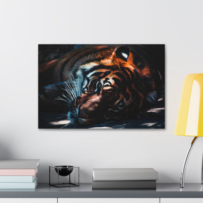 Resting Power – Tiger Laying Down Wall Art on canvas, acrylic, and metal – front view featuring a calm yet powerful tiger in repose.