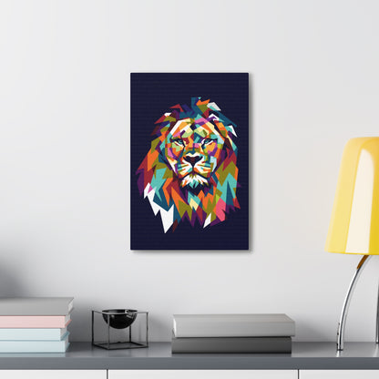 "Mosaic Lion Wall Art on canvas, acrylic, and metal – front view of geometric lion design"
