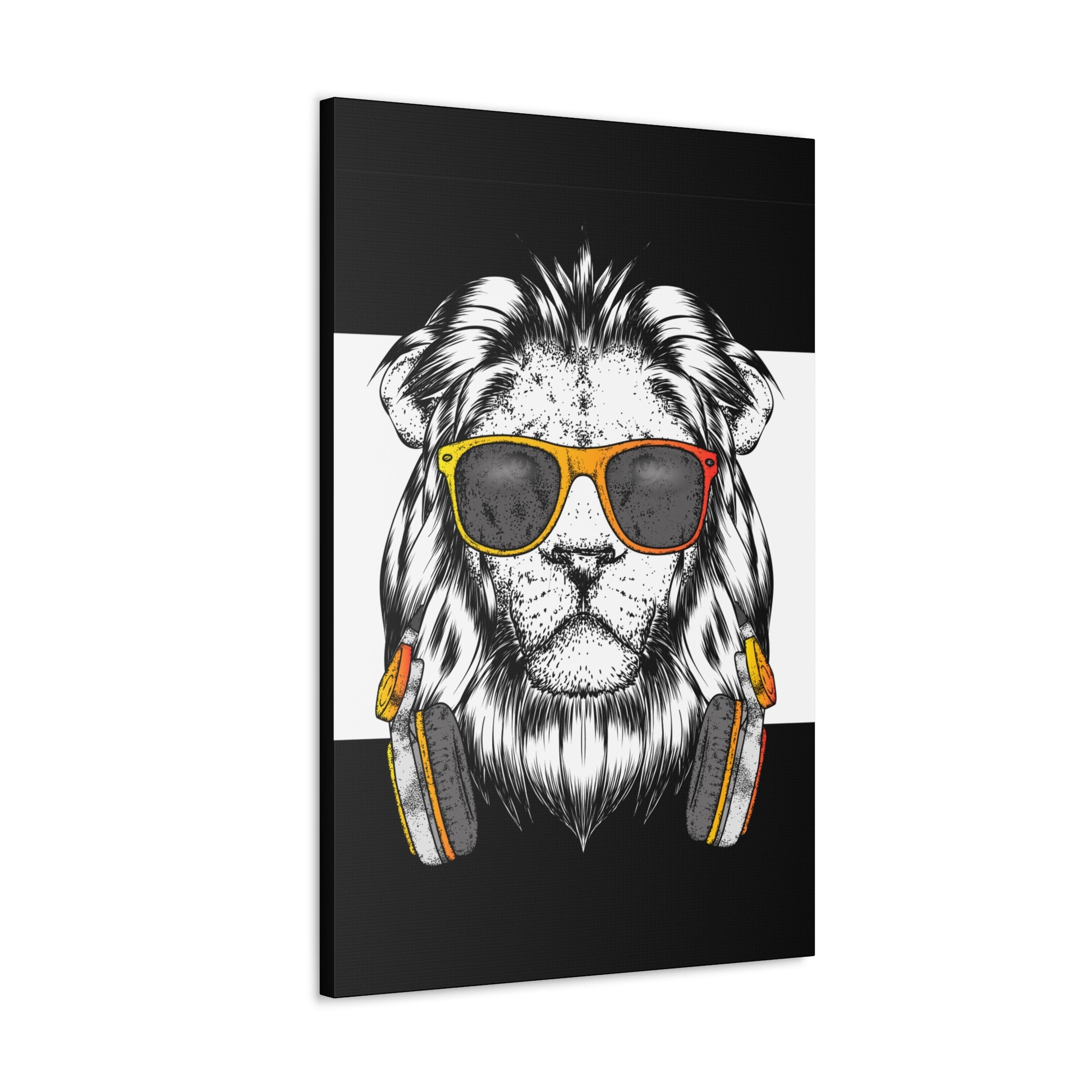 "Cool Lion with Headphones & Shades Wall Art on canvas, acrylic, and metal – front view of urban music-inspired design"
