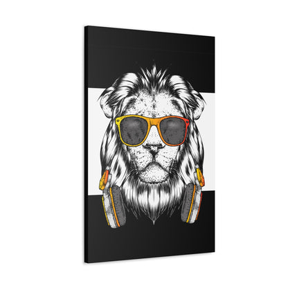 "Cool Lion with Headphones & Shades Wall Art on canvas, acrylic, and metal – front view of urban music-inspired design"
