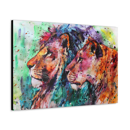 "Royal Bond – Vibrant Male & Female Lion Wall Art on canvas, acrylic, and metal – front view featuring a beautifully colored lion and lioness."
