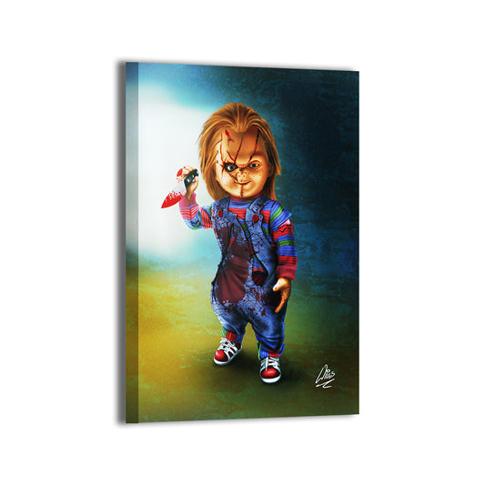 "Playtime’s Over – Chucky Wall Art on canvas, acrylic, and metal – Chucky with sinister grin and knife in a creepy background."